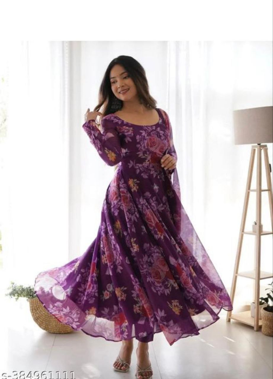 Floral Printed Knee Length Elbow Length Sleeves Round Neck Kurti And Palazzo Set With Net Dupatta