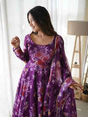 Floral Printed Knee Length Elbow Length Sleeves Round Neck Kurti And Palazzo Set With Net Dupatta-HFXMA-A5-PURPLE