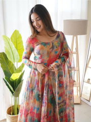 Flared Floral Printed Georgette Anarkali With Printed Dupatta Set For Women (Red)-HFXMA-K108-RED