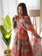 Flared Floral Printed Georgette Anarkali With Printed Dupatta Set For Women (Red)-HFXMA-K108-RED