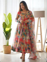 Flared Floral Printed Georgette Anarkali With Printed Dupatta Set For Women (Red)-HFXMA-K108-RED