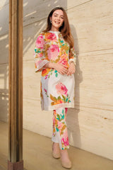Floral Printed Knee Length Madrian Collar Neck Rayon Co-ords Set For Women-HFXMA-K111-WHITE
