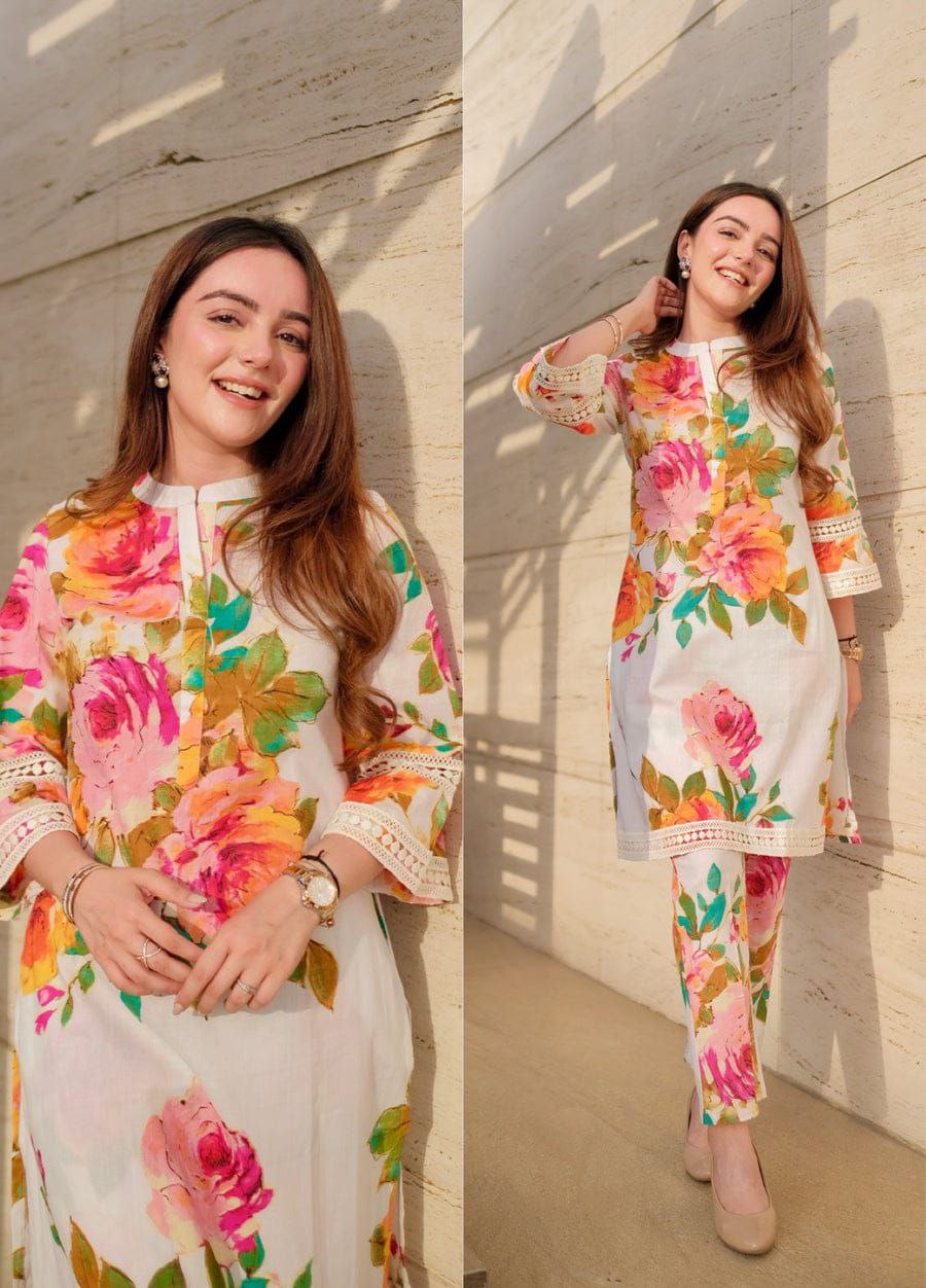 Floral Printed Knee Length Madrian Collar Neck Rayon Co-ords Set For Women