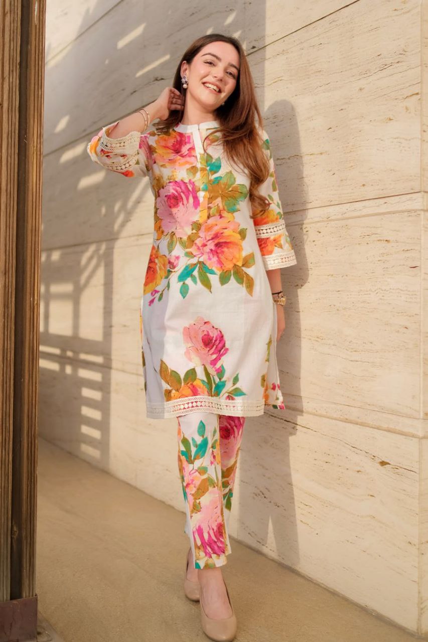 Floral Printed Knee Length Madrian Collar Neck Rayon Co-ords Set For Women