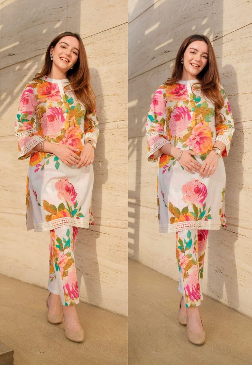 Floral Printed Knee Length Madrian Collar Neck Rayon Co-ords Set For Women-HFXMA-K111-WHITE