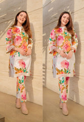 Floral Printed Knee Length Madrian Collar Neck Rayon Co-ords Set For Women-HFXMA-K111-WHITE