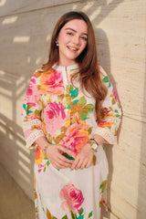 Floral Printed Knee Length Madrian Collar Neck Rayon Co-ords Set For Women-HFXMA-K111-WHITE