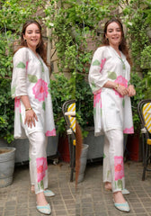 V Neck Knee Length 3/4 Sleeves Rayon Floral Printed Co-ords Set-HFXMA-K113-WHITE