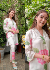 V Neck Knee Length 3/4 Sleeves Rayon Floral Printed Co-ords Set-HFXMA-K113-WHITE