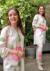 V Neck Knee Length 3/4 Sleeves Rayon Floral Printed Co-ords Set-HFXMA-K113-WHITE