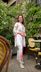 V Neck Knee Length 3/4 Sleeves Rayon Floral Printed Co-ords Set-HFXMA-K113-WHITE