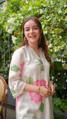 V Neck Knee Length 3/4 Sleeves Rayon Floral Printed Co-ords Set-HFXMA-K113-WHITE