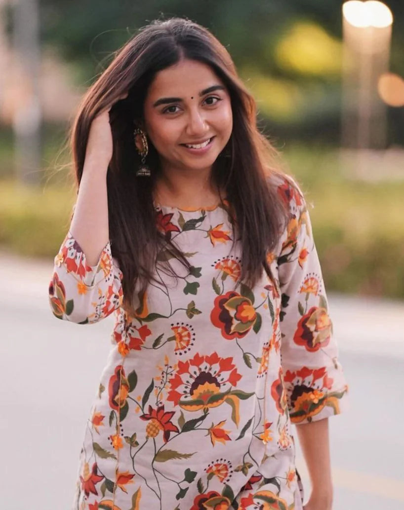 Women's Floral Printed Knee Length Round Neck Rayon Co-ords Set