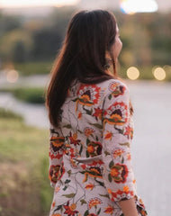 Women's Floral Printed Knee Length Round Neck Rayon Co-ords Set-HFXMA-K118-BEIGE