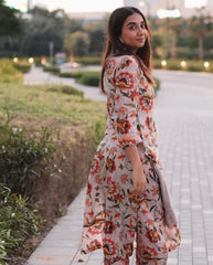 Women's Floral Printed Knee Length Round Neck Rayon Co-ords Set-HFXMA-K118-BEIGE