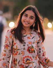 Women's Floral Printed Knee Length Round Neck Rayon Co-ords Set-HFXMA-K118-BEIGE