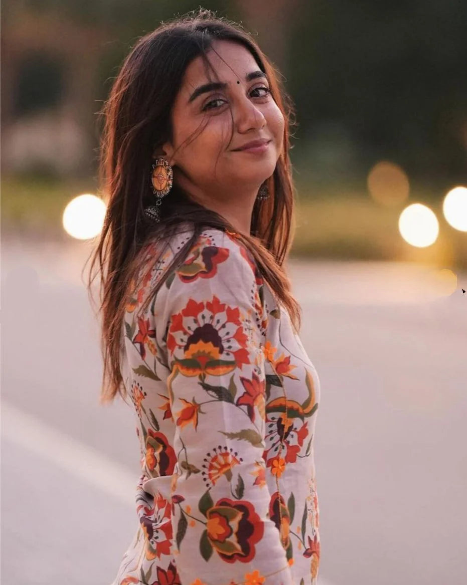 Women's Floral Printed Knee Length Round Neck Rayon Co-ords Set