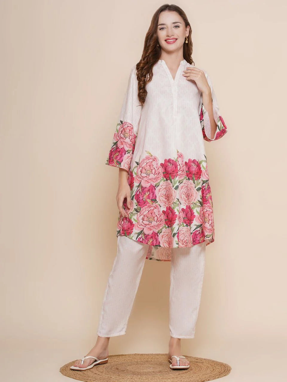 Floral Printed Knee Length V Neck 3/4 Sleeves Co-ords Set For Women