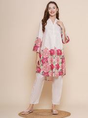 Floral Printed Knee Length V Neck 3/4 Sleeves Co-ords Set For Women-HFXMA-K122-WHITE