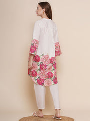 Floral Printed Knee Length V Neck 3/4 Sleeves Co-ords Set For Women-HFXMA-K122-WHITE