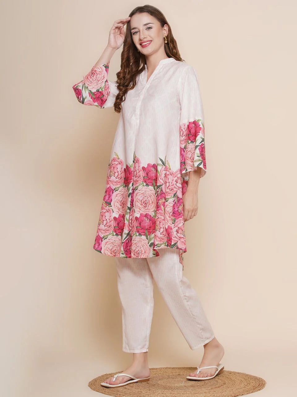 Floral Printed Knee Length V Neck 3/4 Sleeves Co-ords Set For Women