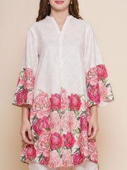 Floral Printed Knee Length V Neck 3/4 Sleeves Co-ords Set For Women-HFXMA-K122-WHITE