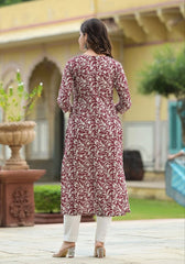 Floral Printed Flared Knee Length Rayon Kurti For Women-HFXMA-K124-MAROON