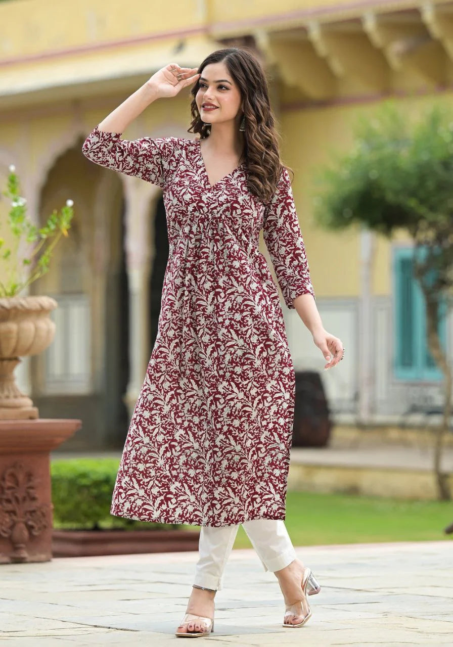 Floral Printed Flared Knee Length Rayon Kurti For Women