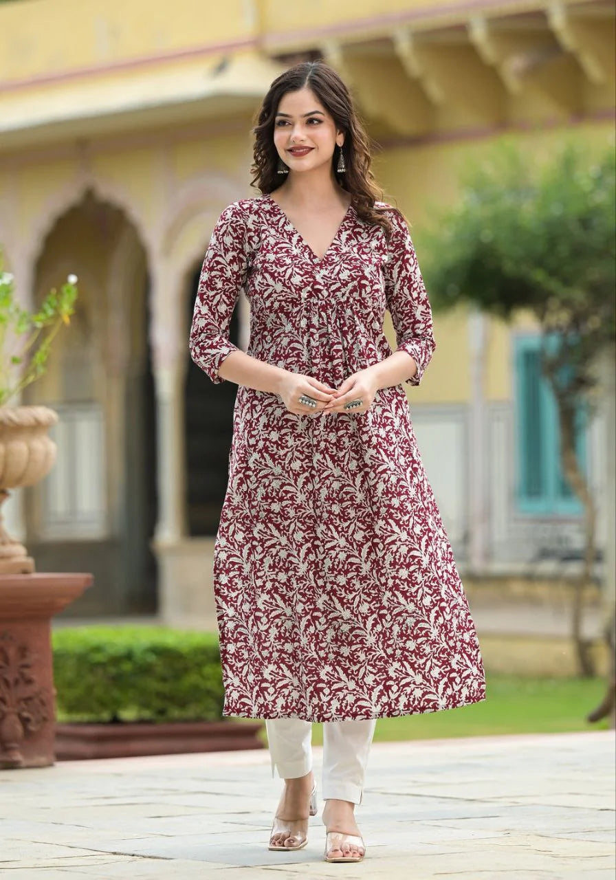 Floral Printed Flared Knee Length Rayon Kurti For Women
