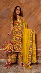 Floral Printed Knee Length Elbow Length Sleeves Round Neck Kurti And Palazzo Set With Net Dupatta-HFXMA-K128-YELLOW
