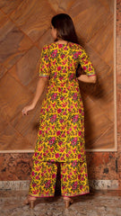 Floral Printed Knee Length Elbow Length Sleeves Round Neck Kurti And Palazzo Set With Net Dupatta-HFXMA-K128-YELLOW