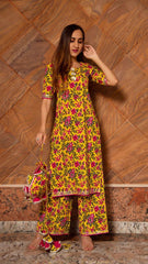 Floral Printed Knee Length Elbow Length Sleeves Round Neck Kurti And Palazzo Set With Net Dupatta-HFXMA-K128-YELLOW