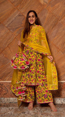 Floral Printed Knee Length Elbow Length Sleeves Round Neck Kurti And Palazzo Set With Net Dupatta-HFXMA-K128-YELLOW