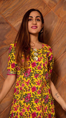 Floral Printed Knee Length Elbow Length Sleeves Round Neck Kurti And Palazzo Set With Net Dupatta-HFXMA-K128-YELLOW