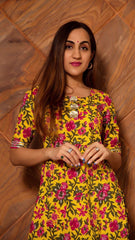 Floral Printed Knee Length Elbow Length Sleeves Round Neck Kurti And Palazzo Set With Net Dupatta-HFXMA-K128-YELLOW