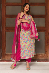 Women's Floral Printed Knee Length V Neck Sleeveless Kurti And Pant Set With Dupatta-HFXMA-K133-PINK