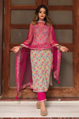 Women's Floral Printed Knee Length V Neck Sleeveless Kurti And Pant Set With Dupatta-HFXMA-K133-PINK