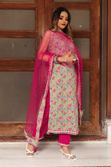 Women's Floral Printed Knee Length V Neck Sleeveless Kurti And Pant Set With Dupatta-HFXMA-K133-PINK