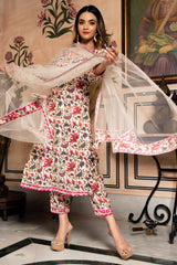 Floral Pinted Knee Length V Neck 3/4 Sleeves Kurti And Pant Set With Net Dupatta-HFXMA-K134-WHITE