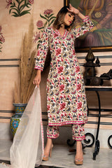 Floral Pinted Knee Length V Neck 3/4 Sleeves Kurti And Pant Set With Net Dupatta-HFXMA-K134-WHITE
