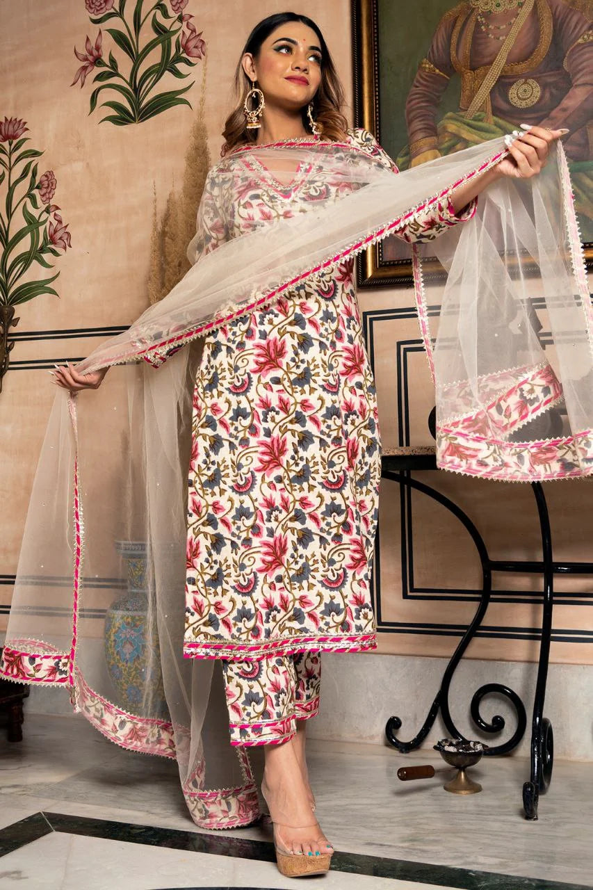 Floral Pinted Knee Length V Neck 3/4 Sleeves Kurti And Pant Set With Net Dupatta