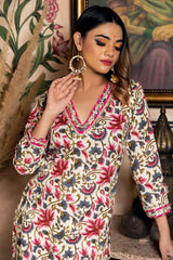 Floral Pinted Knee Length V Neck 3/4 Sleeves Kurti And Pant Set With Net Dupatta-HFXMA-K134-WHITE