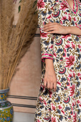 Floral Pinted Knee Length V Neck 3/4 Sleeves Kurti And Pant Set With Net Dupatta-HFXMA-K134-WHITE