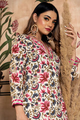 Floral Pinted Knee Length V Neck 3/4 Sleeves Kurti And Pant Set With Net Dupatta-HFXMA-K134-WHITE