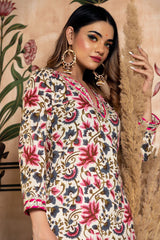 Floral Pinted Knee Length V Neck 3/4 Sleeves Kurti And Pant Set With Net Dupatta-HFXMA-K134-WHITE