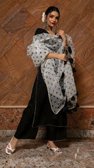Women's Solid Rayon Kurti And Palazzo Set Woth Printed Organza Dupatta-HFXMA-K135-BLACK