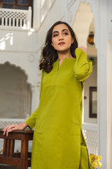 Women's Knee Length Mandrian Collar Neck 3/4 Sleeves Solid Co-ords Set-HFXMA-K141-GREEN