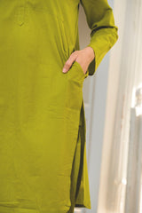 Women's Knee Length Mandrian Collar Neck 3/4 Sleeves Solid Co-ords Set-HFXMA-K141-GREEN