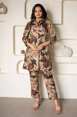 Floral Printed Knee Length V Neck Rayon Co-ords Set-HFXMA-K143-BEIGE