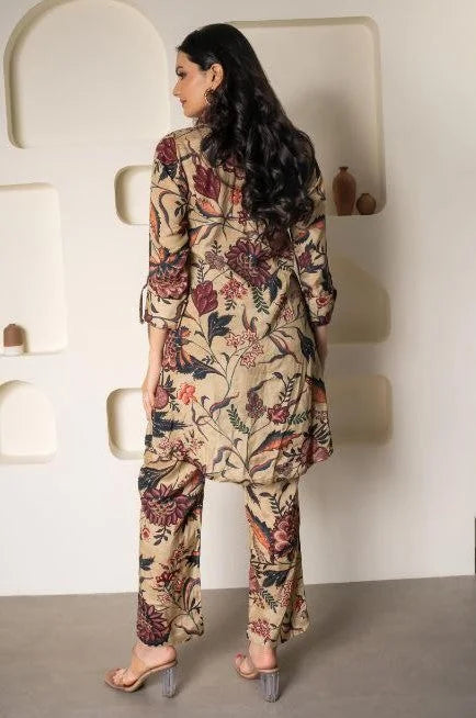 Floral Printed Knee Length V Neck Rayon Co-ords Set